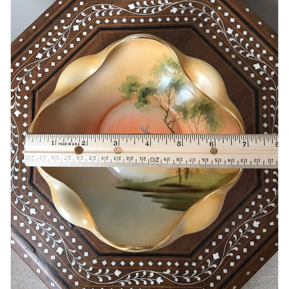 Vintage Nippon Ruffled Hand Painted Bowl Lake Scene Windmill